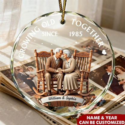 "Growing Old Together Since" Personalized Circle Glass Ornament - Custom Anniversary Gift for Couples