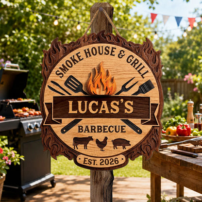 Grill and Chill Barbecue Personalized Wood Sign - Custom Backyard BBQ Decor for Dad Grandpa
