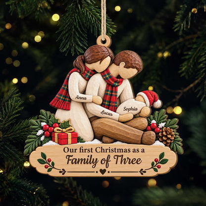 Our First Christmas as a Family of Three - Personalized Wood Ornament Keepsake Gift