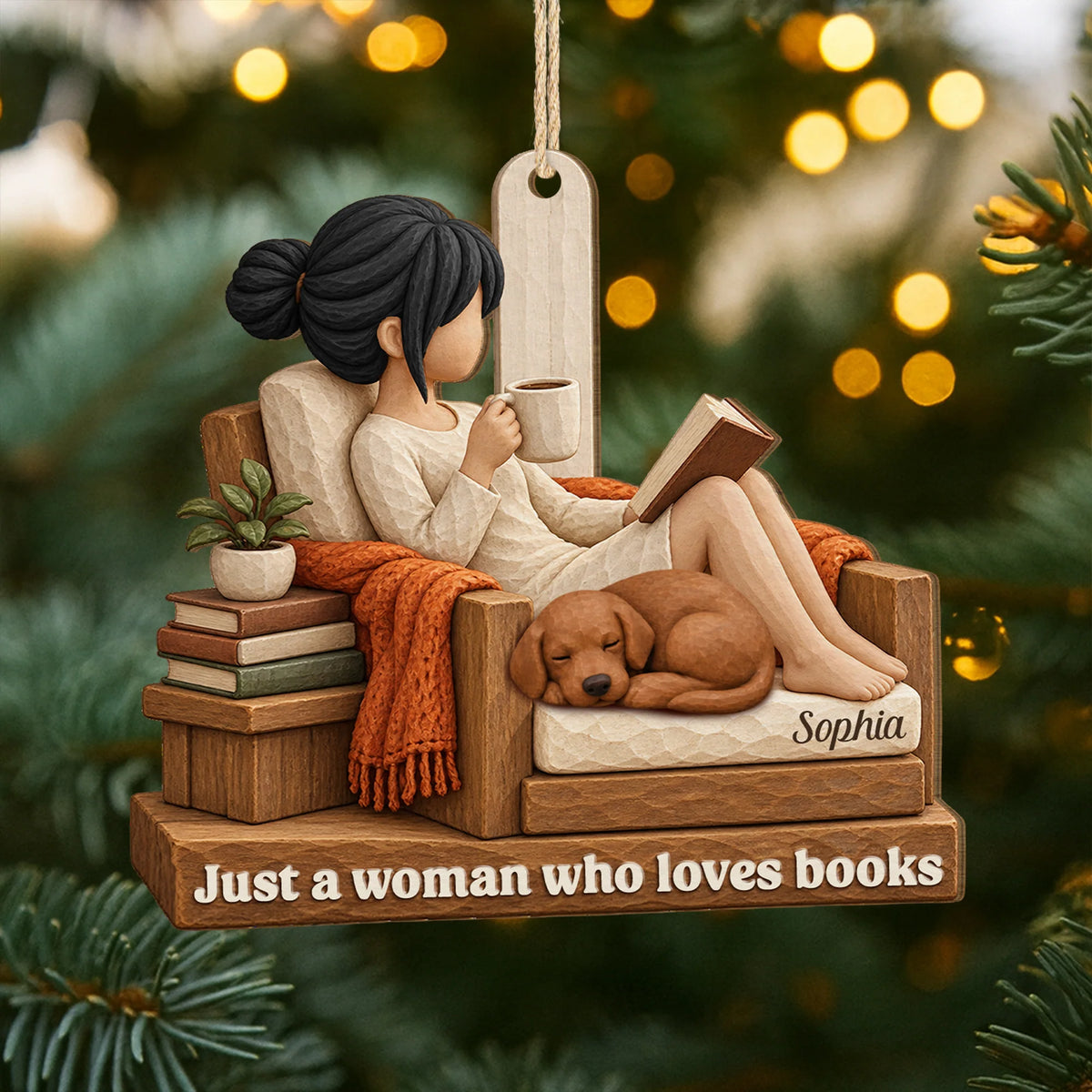 Just a Girl Who Loves Books Personalized Wooden Ornament - Dog Lovers Reading Keepsake