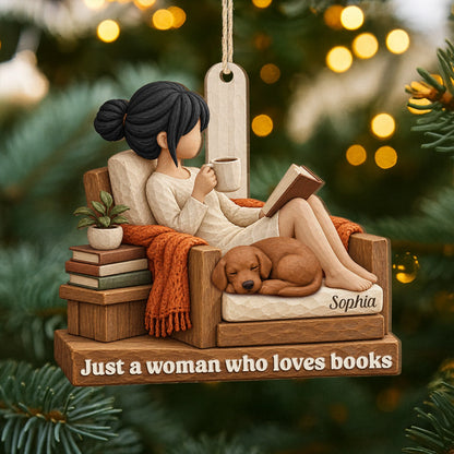 Just a Girl Who Loves Books Personalized Wooden Ornament - Dog Lovers Reading Keepsake