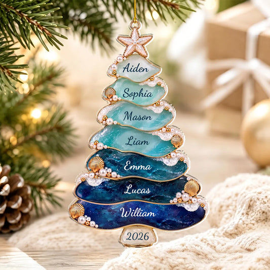 Personalized Sea Glass Christmas Tree Ornament 2026 - Custom Beach Resin Keepsake Gift for Family