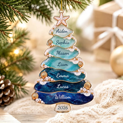 Personalized Sea Glass Christmas Tree Ornament 2026 - Custom Beach Resin Keepsake Gift for Family
