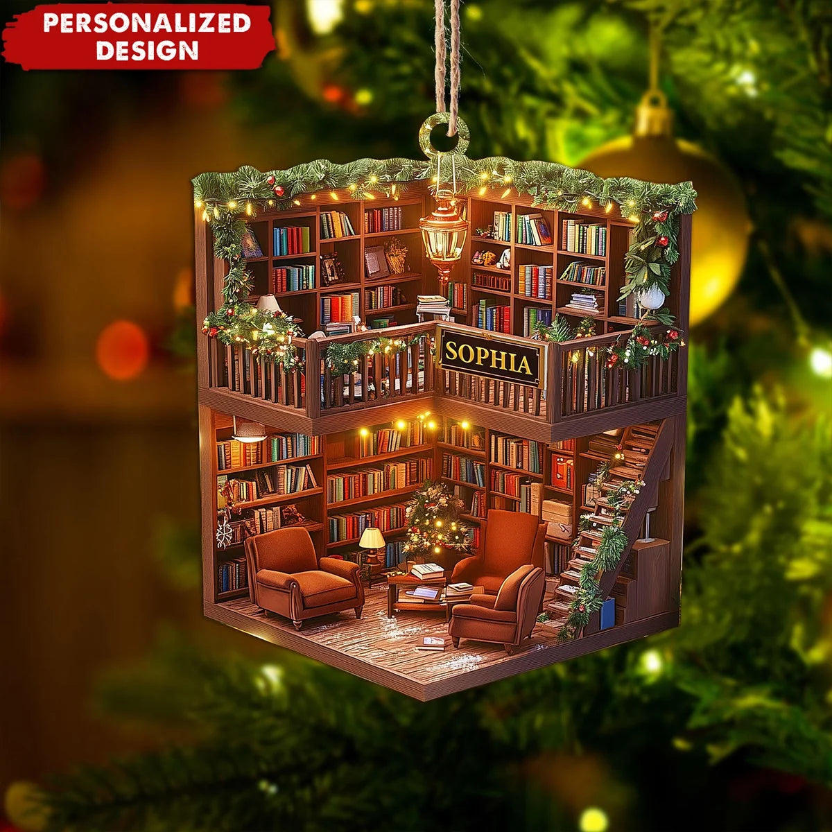 Cozy Miniature Bookstore Personalized Wooden Ornament - Christmas Tree Keepsake for Book Lovers