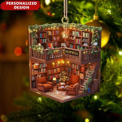 Cozy Miniature Bookstore Personalized Wooden Ornament - Christmas Tree Keepsake for Book Lovers