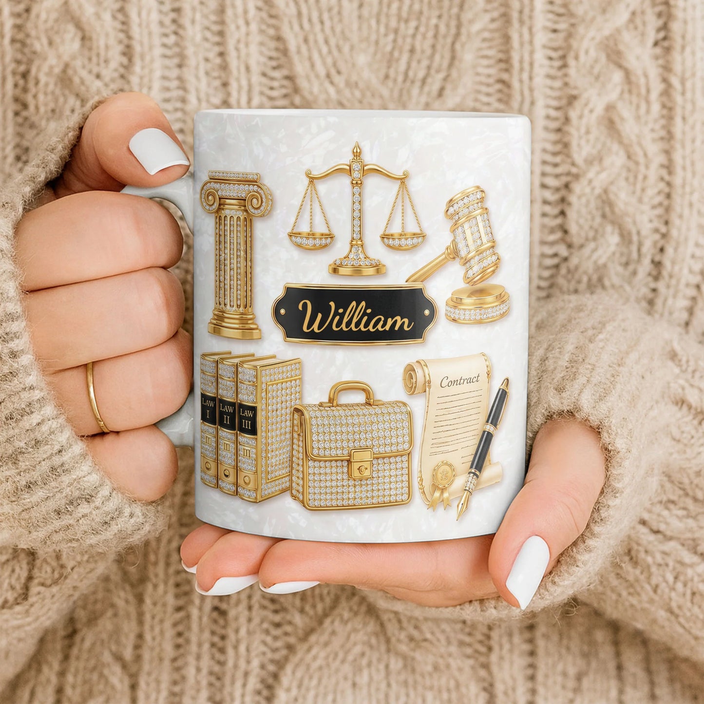 Personalized lawyer mug with golden scales of justice and custom name on mother of pearl background image 9