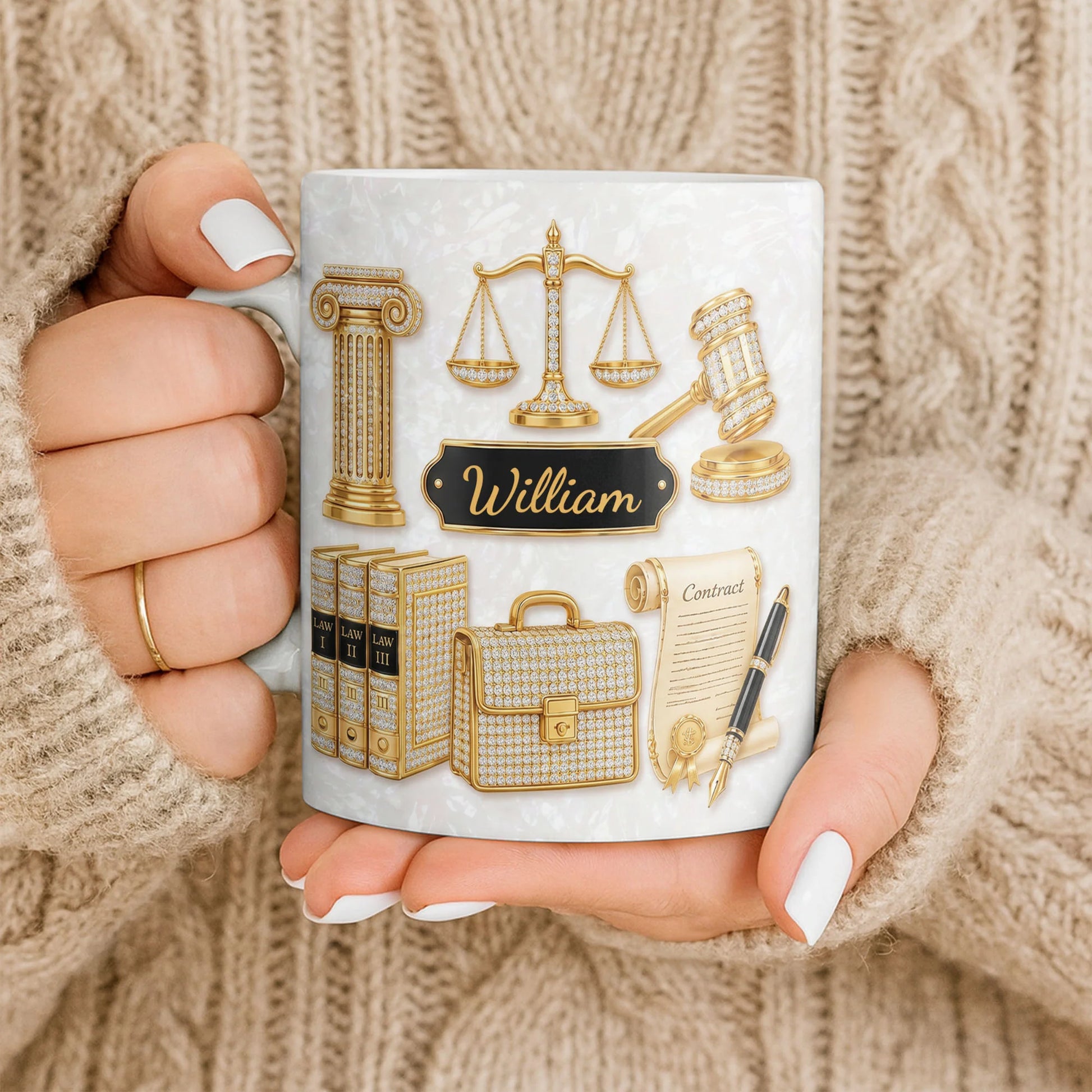 Personalized lawyer mug with golden scales of justice and custom name on mother of pearl background image 9