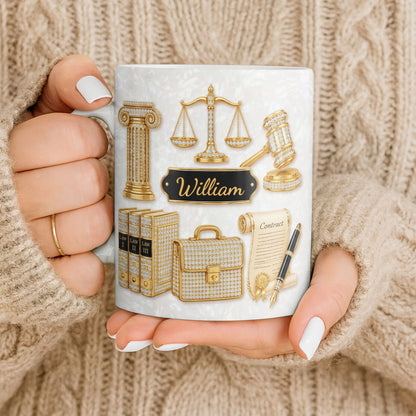 Personalized lawyer mug with golden scales of justice and custom name on mother of pearl background image 9