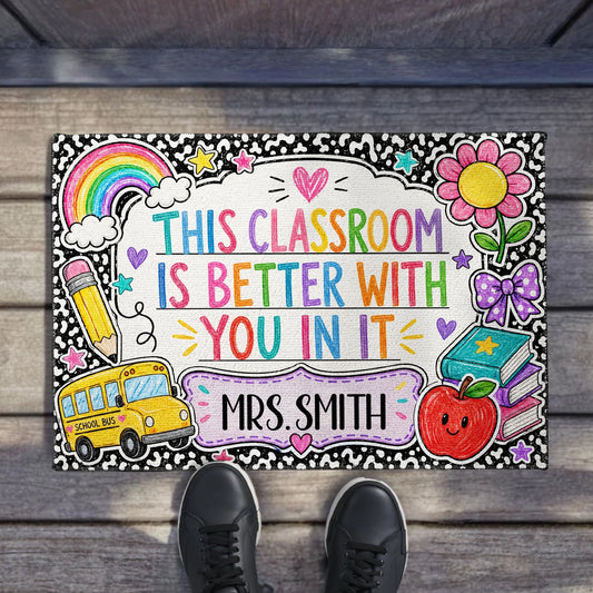 Personalized teacher doormat with vibrant rainbow and school bus graphics for classroom decor