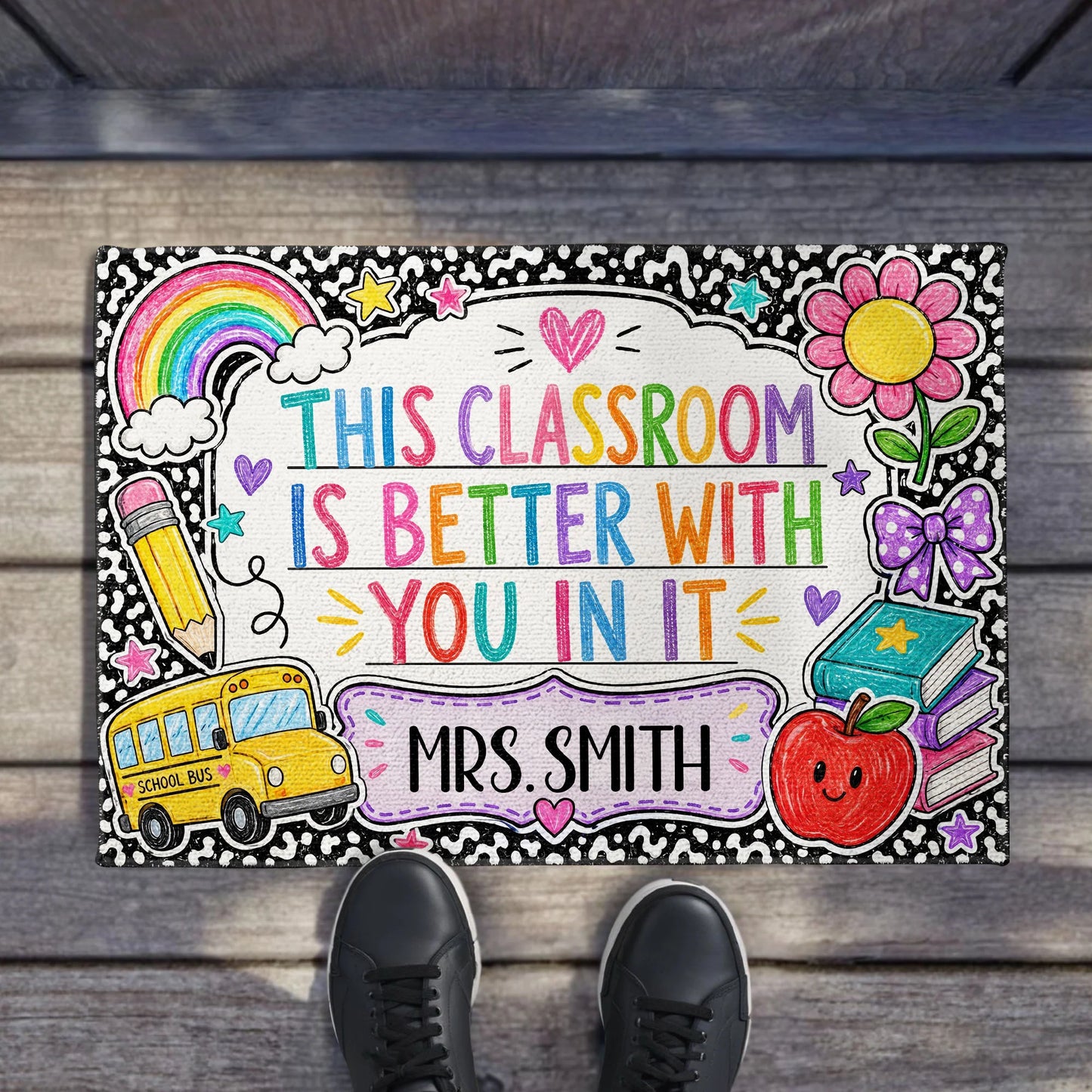 Personalized teacher doormat with vibrant rainbow and school bus graphics for classroom decor