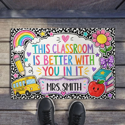 Personalized teacher doormat with vibrant rainbow and school bus graphics for classroom decor