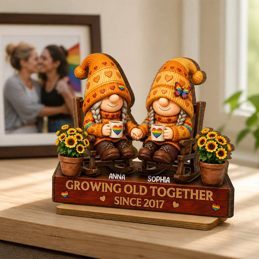 Personalized LGBT couple wooden plaque with cute gnomes in rocking chairs for Pride Month anniversary gift