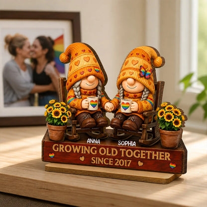 Personalized LGBT couple wooden plaque with cute gnomes in rocking chairs for Pride Month anniversary gift