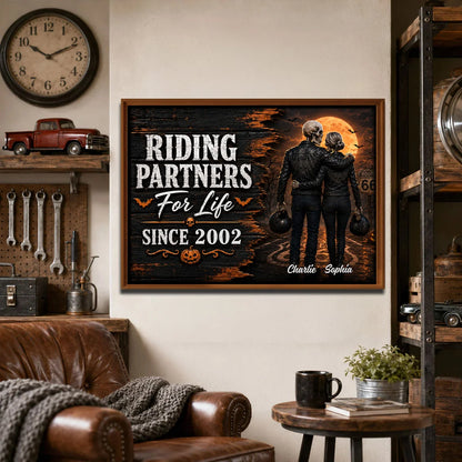 Riding Partners For Life Personalized Skeleton Biker Couple Canvas / Poster - Custom Anniversary Gift for Biker Couple
