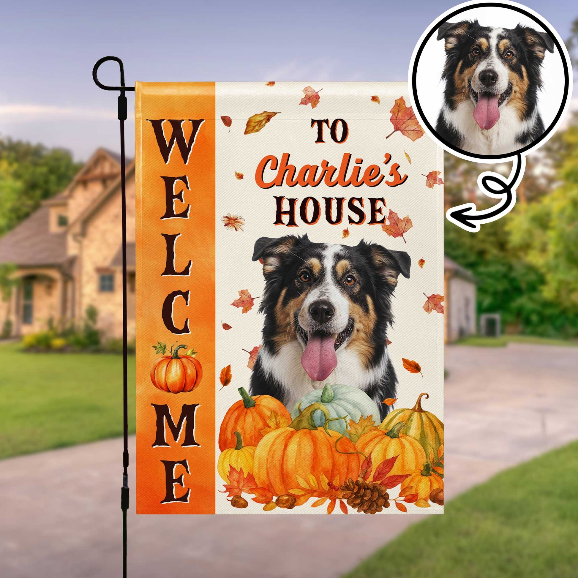 Custom dog garden flag with pumpkins and autumn leaves reading Welcome to Charlie's House - fall yard decor