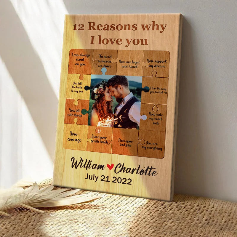 "12 Reasons Why I Love You" Personalized Photo Canvas / Poster - Romantic Anniversary Gift for Couple