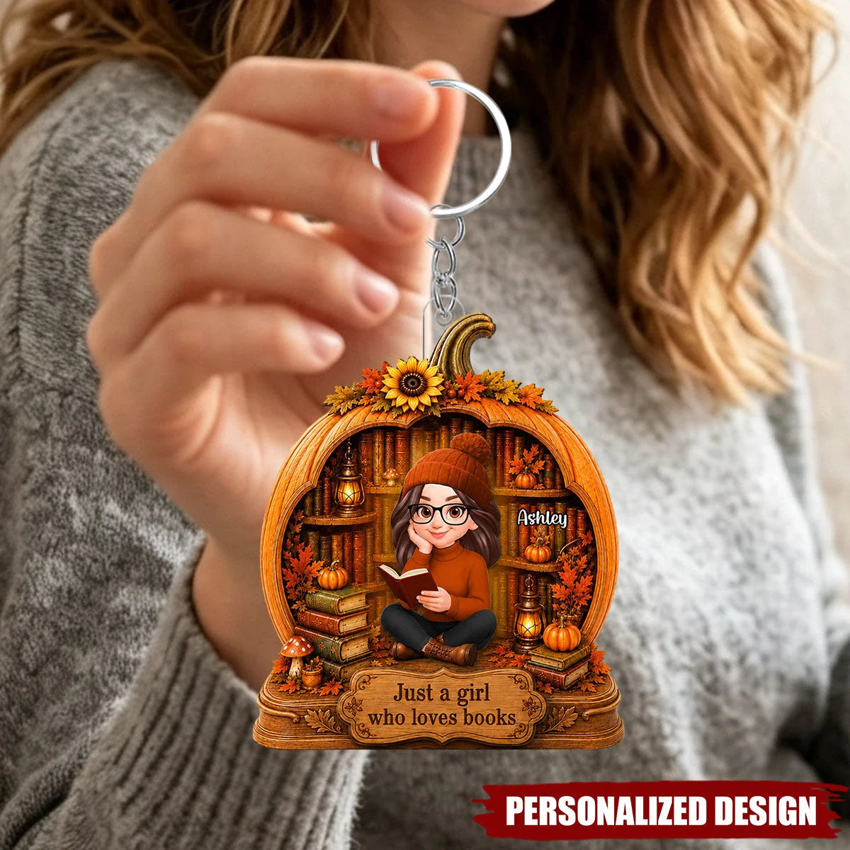 "Just a Girl Who Loves Books" Personalized Book Lover Keychain - Custom Fall Pumpkin Gift
