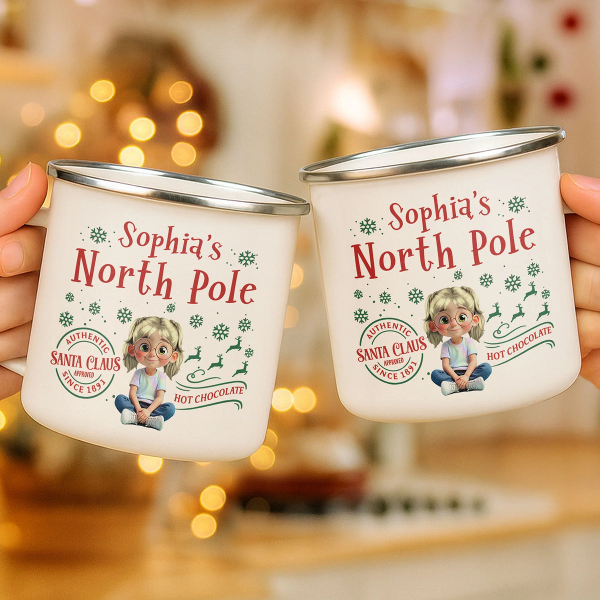 North Pole Hot Chocolate Mug With Girl And Christmas Elements
