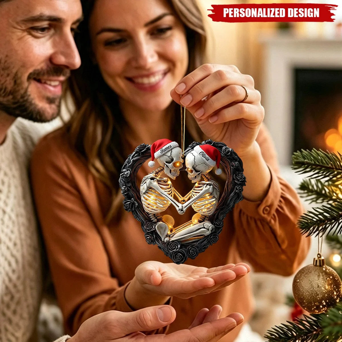 Personalized Skeleton Couple Acrylic Ornament - Custom Names Gothic Skull Heart Keepsake Gift
