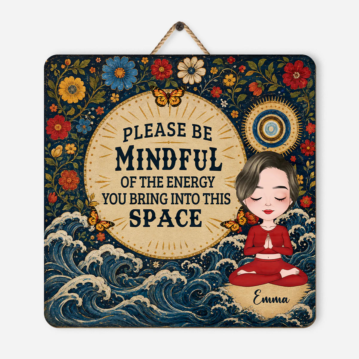 Personalized yoga wood sign with custom name and mindful quote decor for yoga lovers