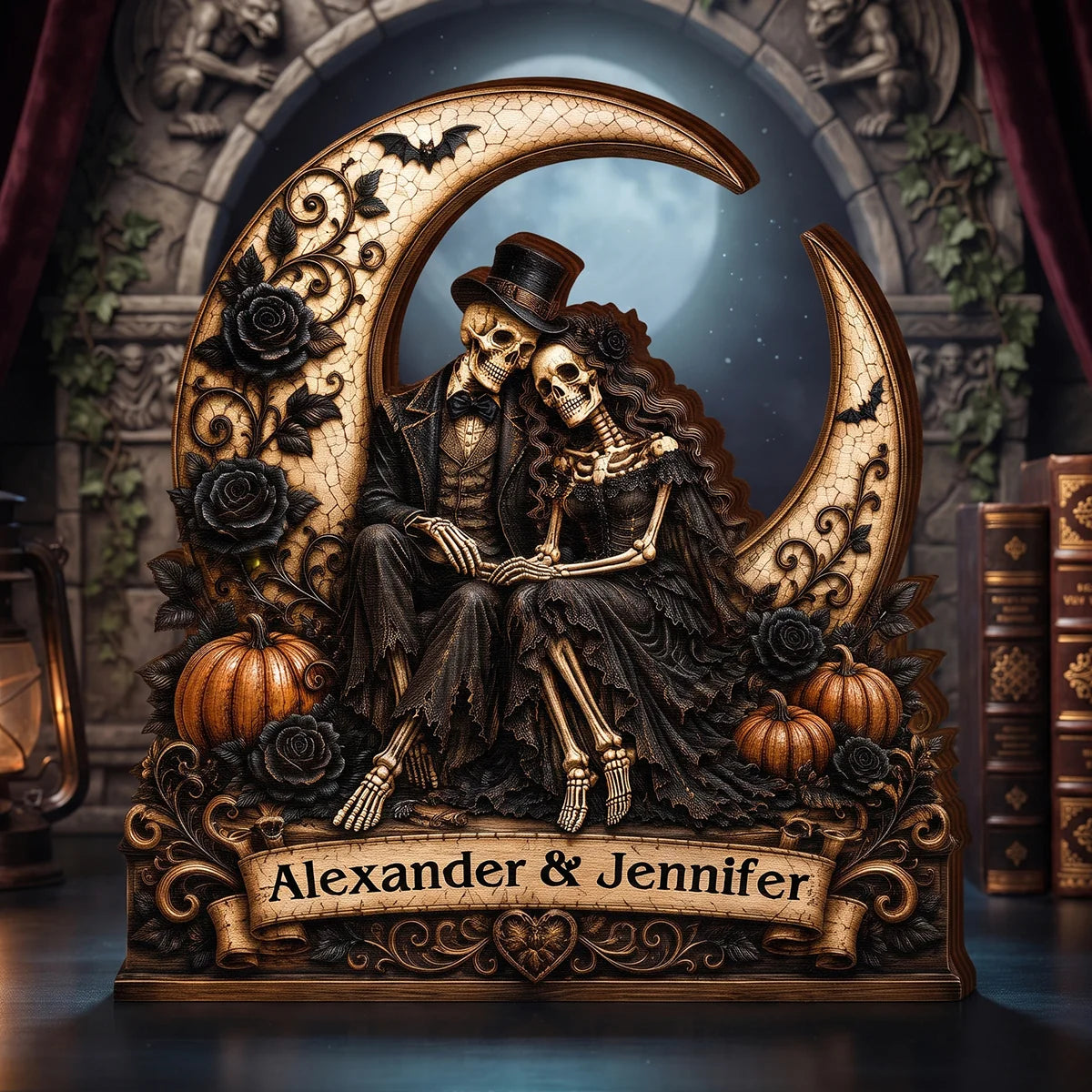 Eternal Skeleton Couple On Moon Personalized Wooden Block - Custom Gothic Halloween Wedding Gift for Couples