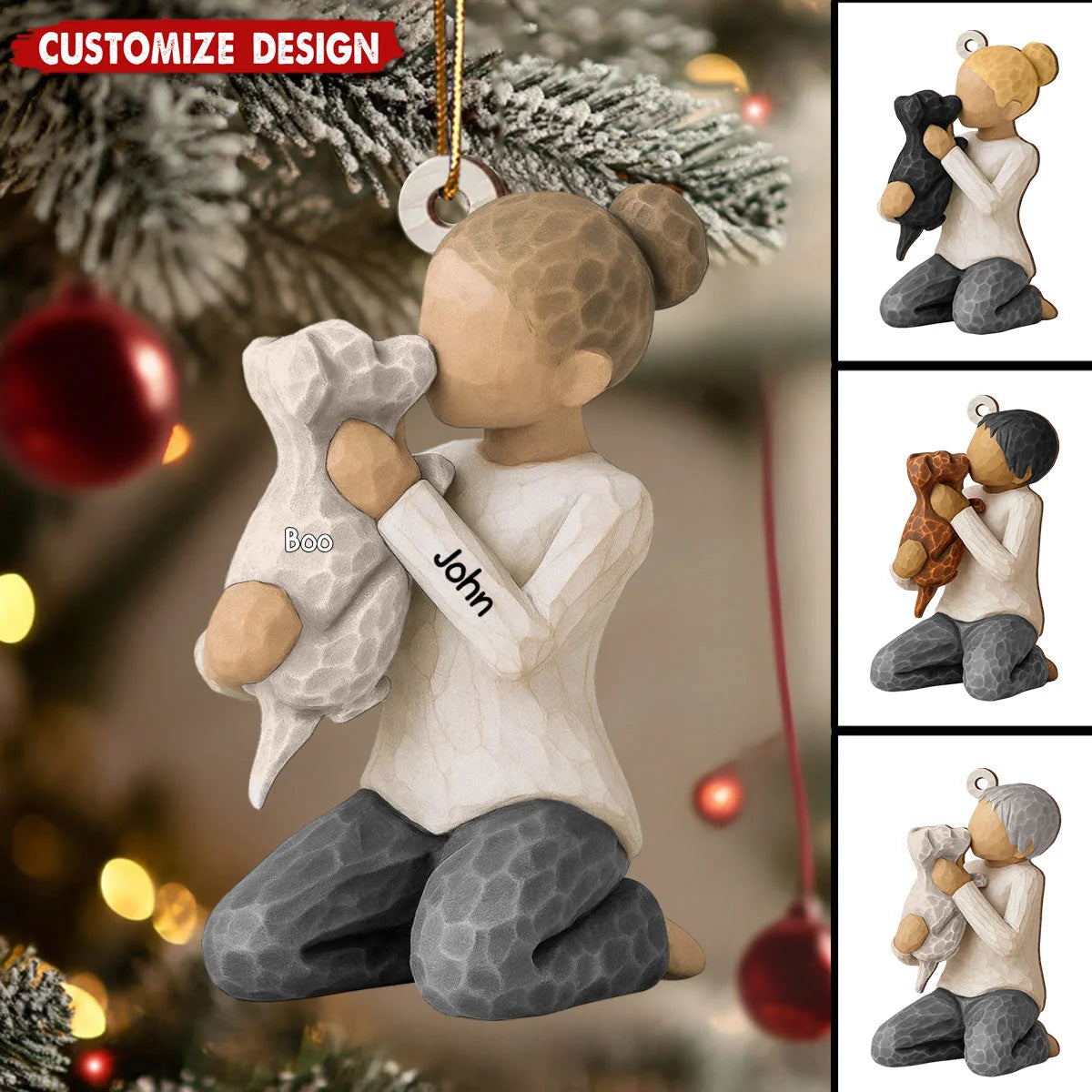Boy and Girl Hugging Dog Personalized Wooden Christmas Ornament - Custom Keepsake Gift for Dog Lovers
