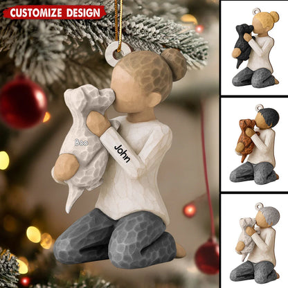 Boy and Girl Hugging Dog Personalized Wooden Christmas Ornament - Custom Keepsake Gift for Dog Lovers