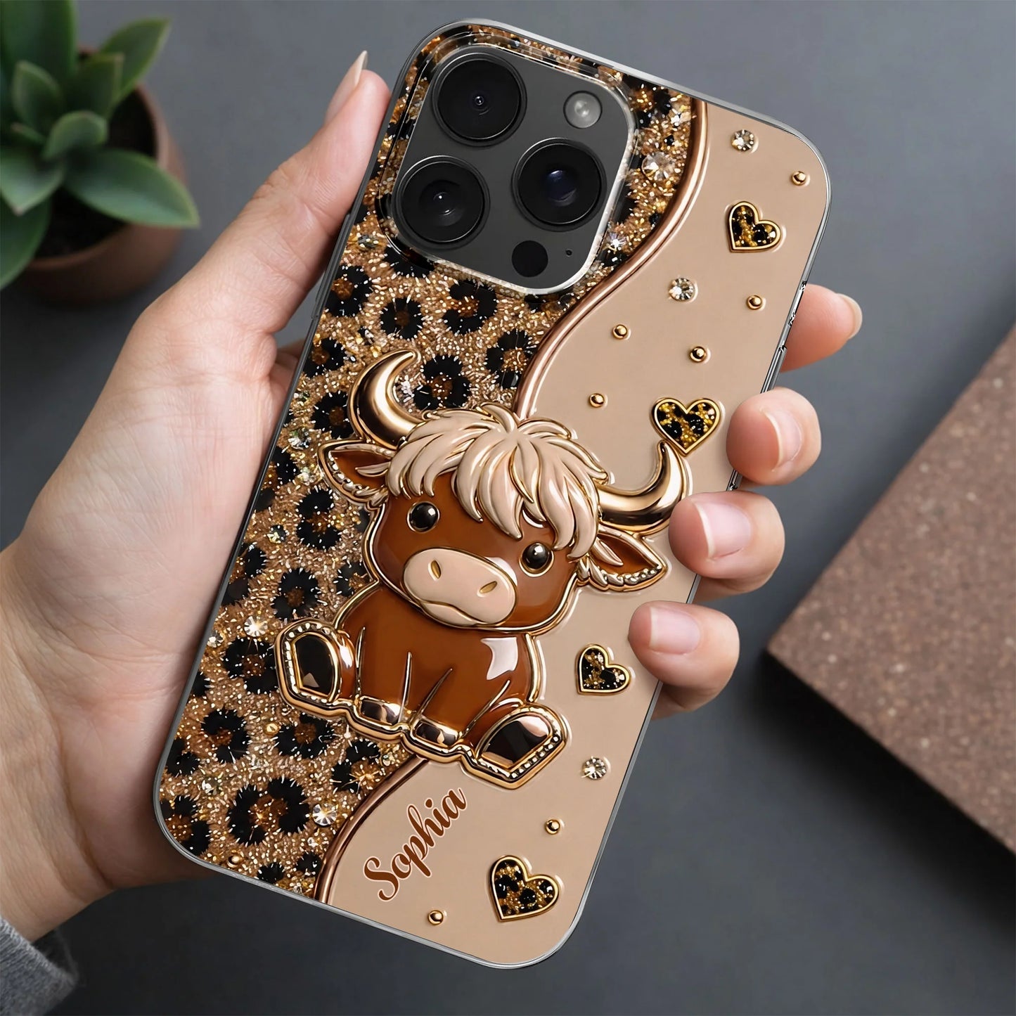 Highland cow personalized clear phone case with glitter leopard hearts for women image 8