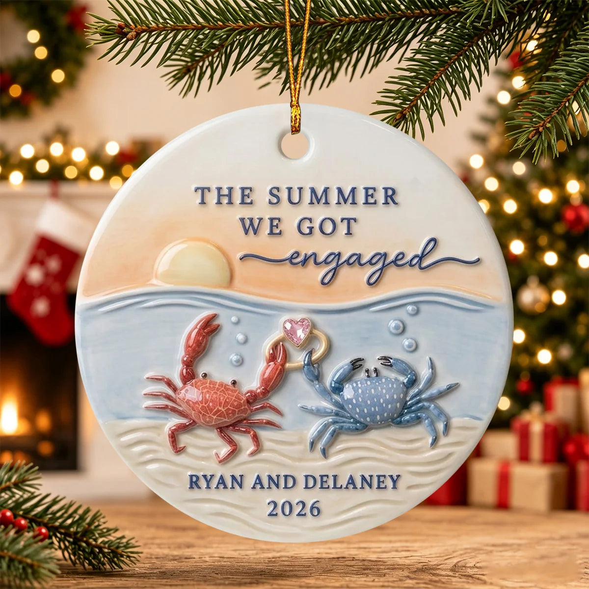 "The Summer We Got Engaged" Crab Ceramic Ornament - Custom Beach Proposal Keepsake for Couples