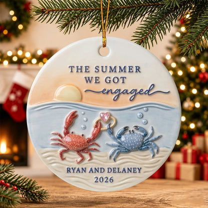 "The Summer We Got Engaged" Crab Ceramic Ornament - Custom Beach Proposal Keepsake for Couples