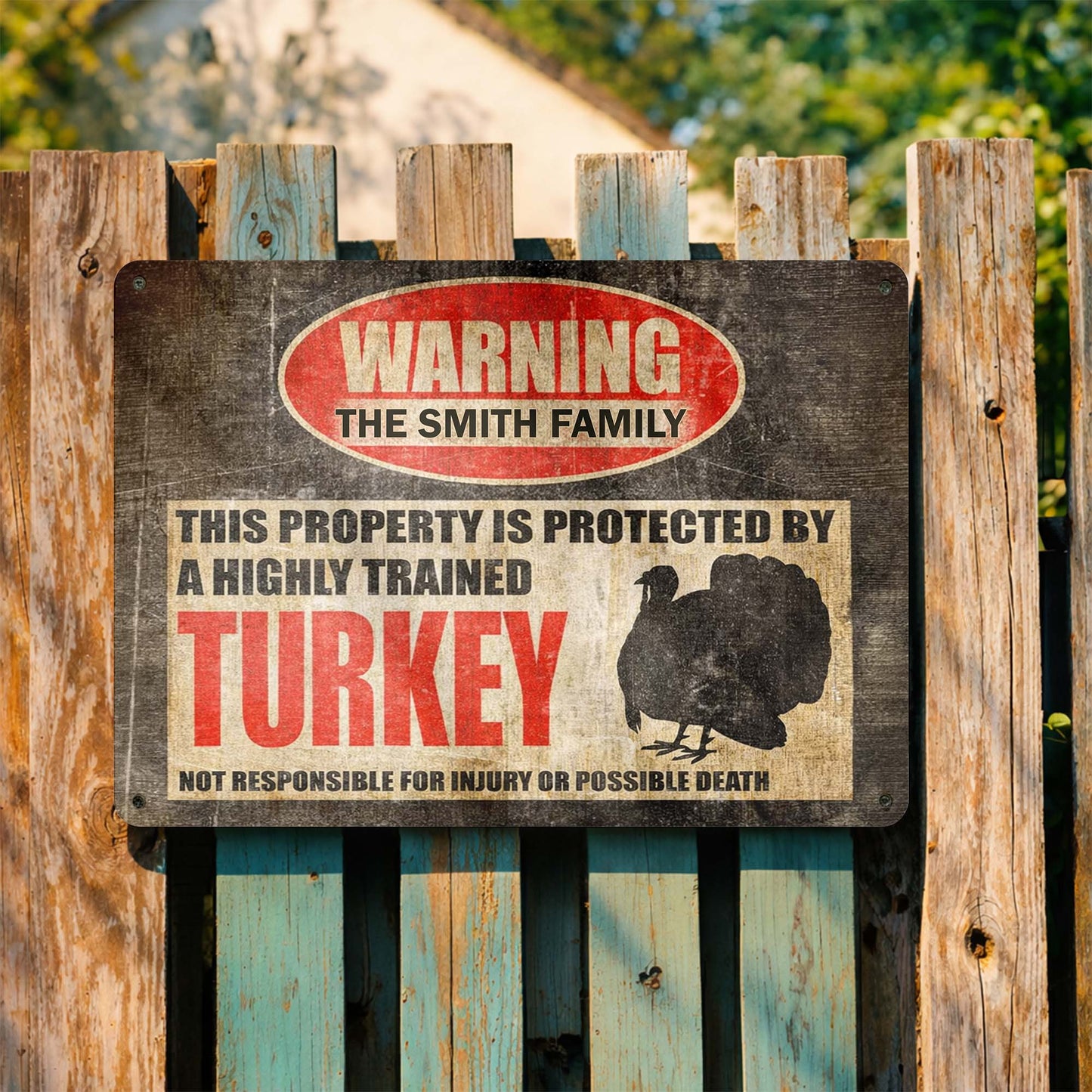 Personalized turkey farm metal sign with custom family name for funny homestead yard decor