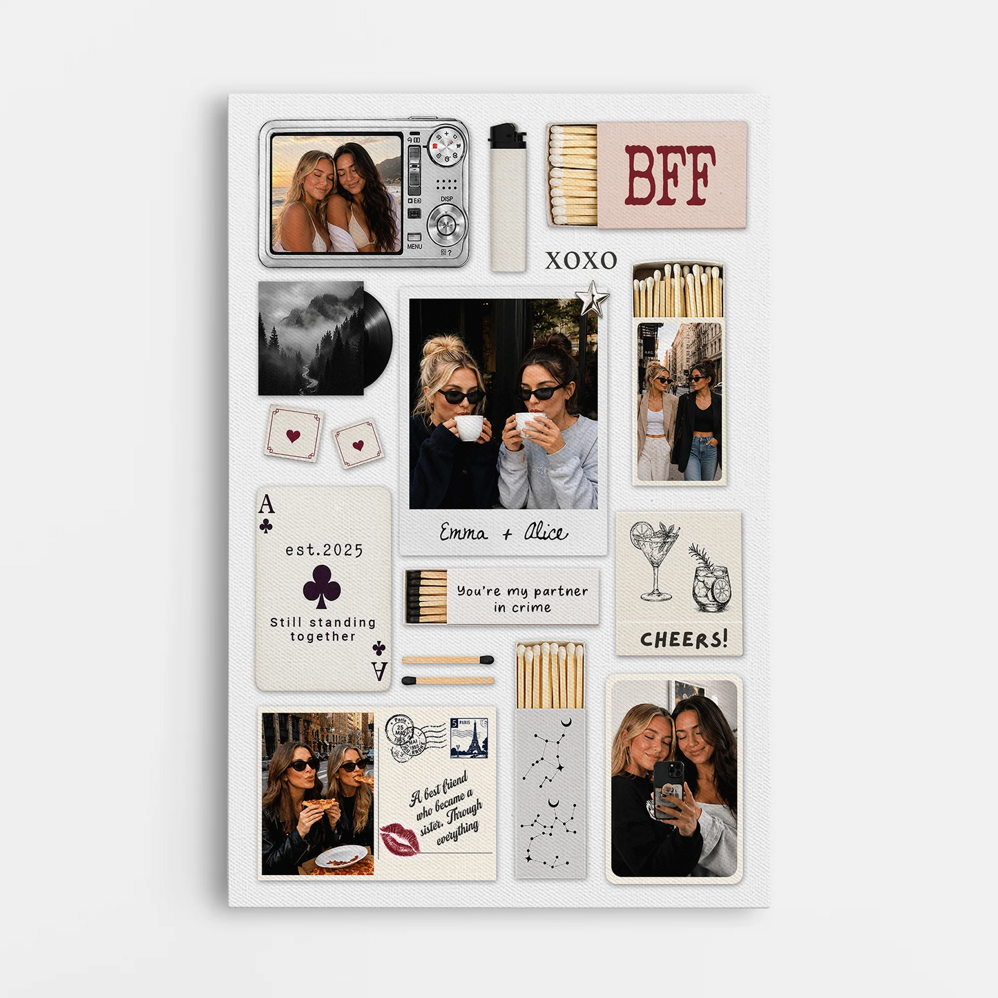 Personalized best friend photo canvas with custom scrapbook design and partner in crime text for BFF gift