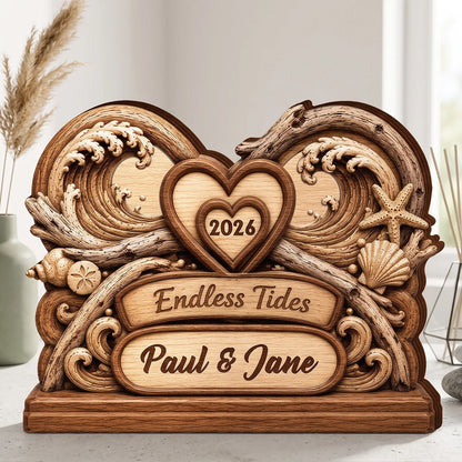 Endless Tides Personalized Wooden Block - Custom Ocean Waves Couple Keepsake Anniversary Gift for Wife Husband