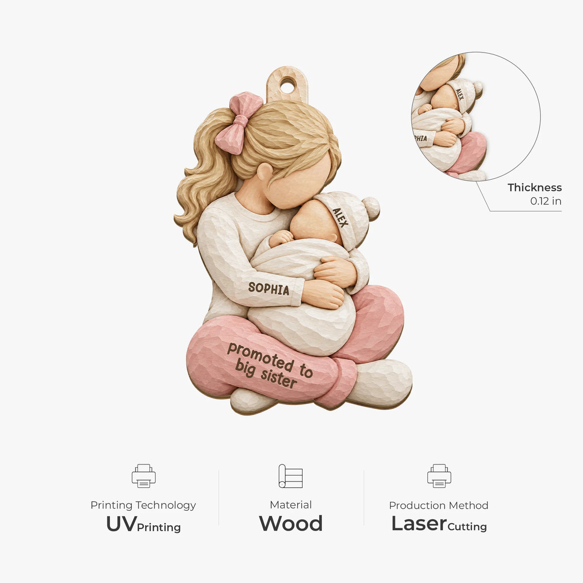 Promoted To Big Sister Personalized Wooden Ornament - New Baby Christmas Keepsake for Siblings