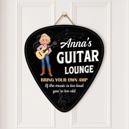 Guitar Lounge Wood Sign - Personalized Bring Your Own Amp Pick Plaque for Music Lovers