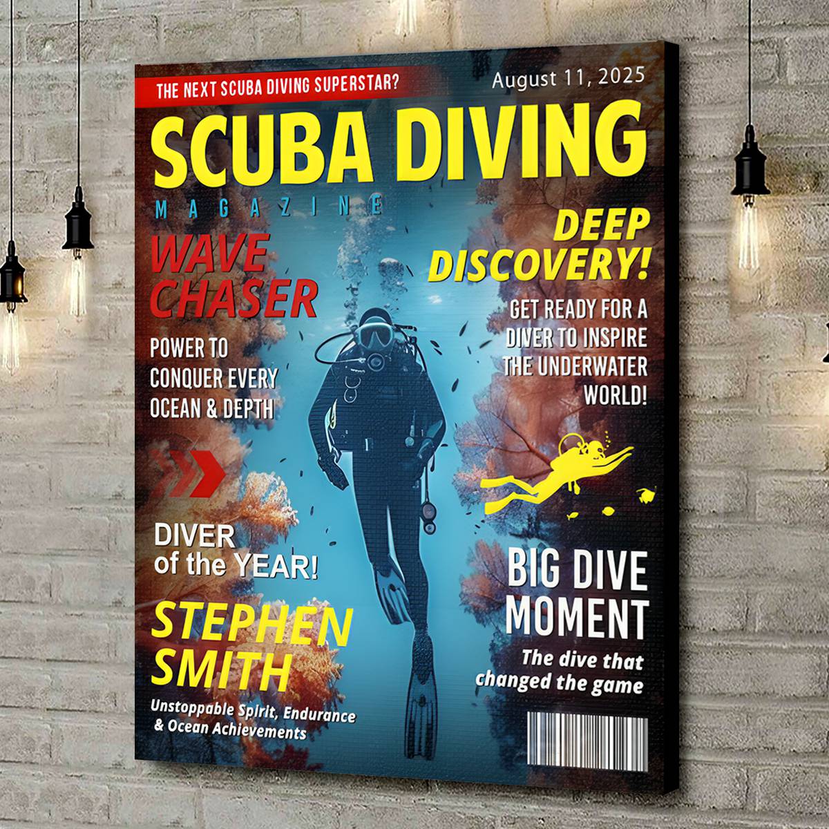 Custom scuba diving magazine cover personalized canvas print for dive loving dad retirement or birthday gift.