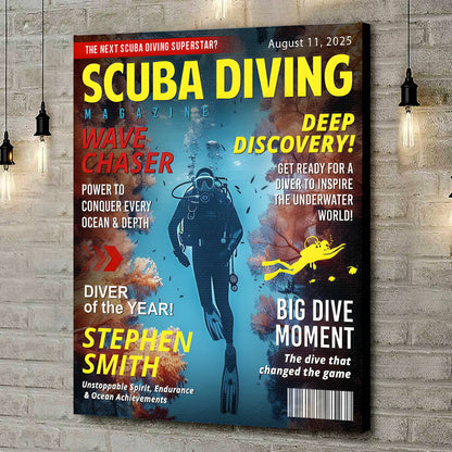 Custom scuba diving magazine cover personalized canvas print for dive loving dad retirement or birthday gift.