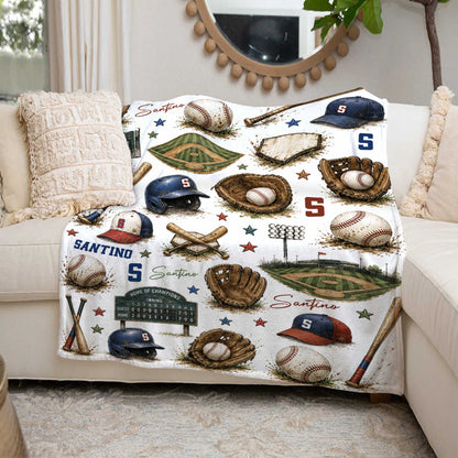 Personalized baseball blanket featuring custom boy's name and vintage sports illustrations for nursery decor image 6