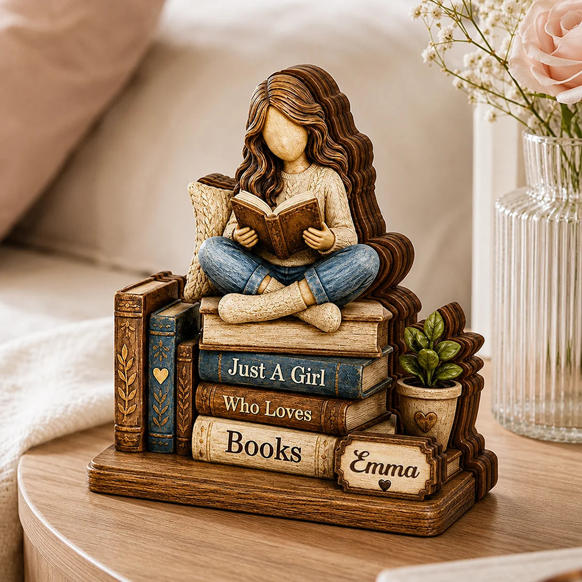 Just A Girl Who Loves Books Personalized Wooden Block -  Custom Desk Decor for Book Lovers
