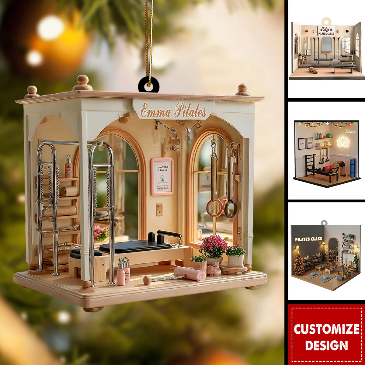 Personalized pilates teacher ornament featuring a detailed miniature 3D-effect acrylic studio design for instructors.