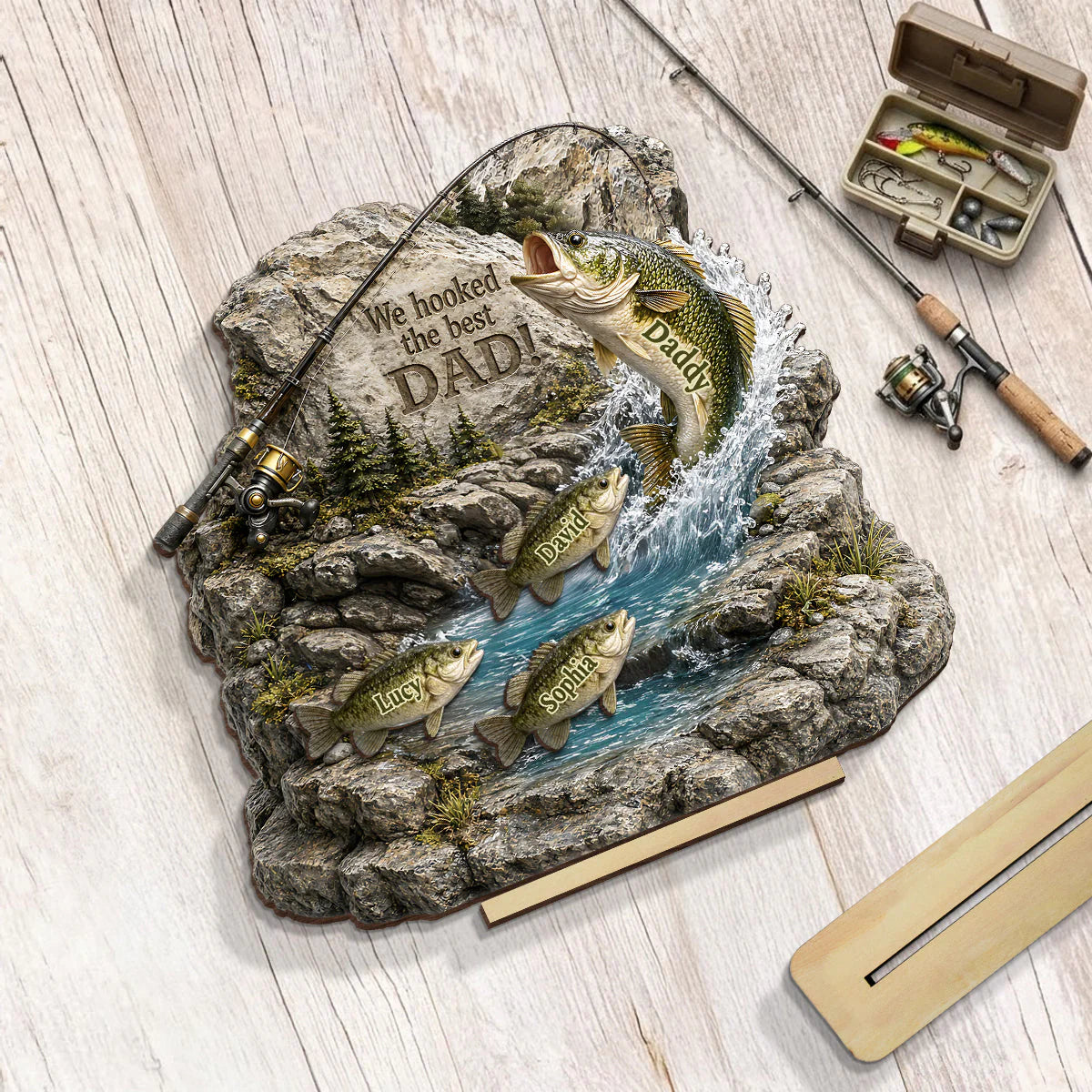 Personalized fishing plaque gift for dad featuring custom name bass fish and we hooked the best dad quote image 6