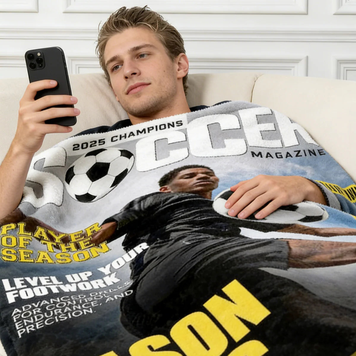 Personalized Soccer Magazine Blanket for Son/Grandson with personalized design details for meaningful gifting image 8