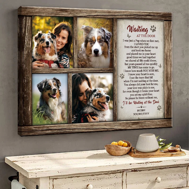 Waiting at the Door Personalized Dog Memorial Canvas / Poster - Custom Photo Collage Wall Art for Pet Loss
