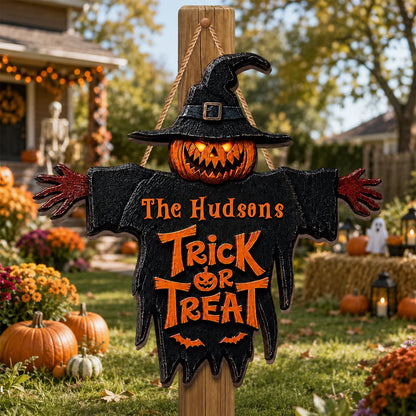 Trick Or Treat Pumpkin Scarecrow Personalized Halloween Wood Sign - Custom Family Front Porch Decor