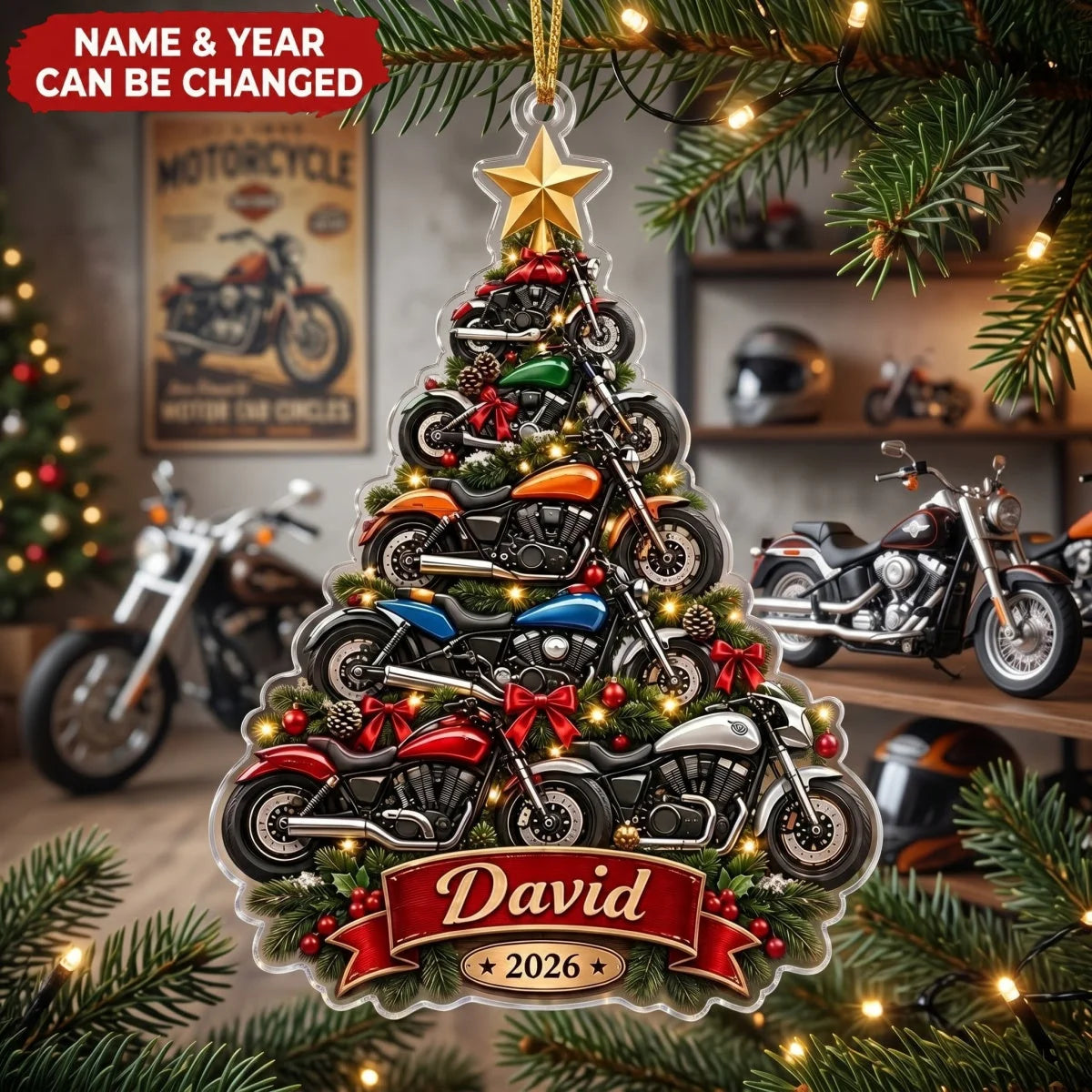Motorcycle Tree Personalized Acrylic Ornament - Custom Biker Christmas Keepsake Gift