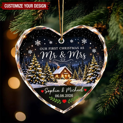 "Our First Christmas As Mr & Mrs" Personalized Glass Ornament - Custom Newlywed Winter Cabin Keepsake Gift for Couples