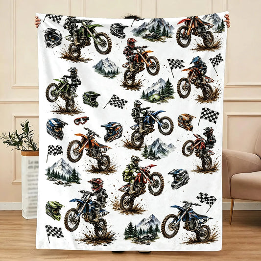 Personalized dirt bike blanket with custom boy name and motocross artwork for bedroom decor