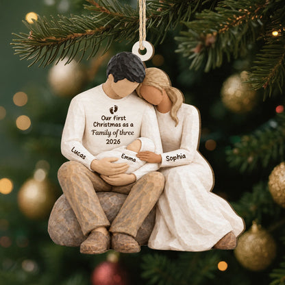 Our First Christmas as a Family of Three - Personalized Wood Ornament for New Parents