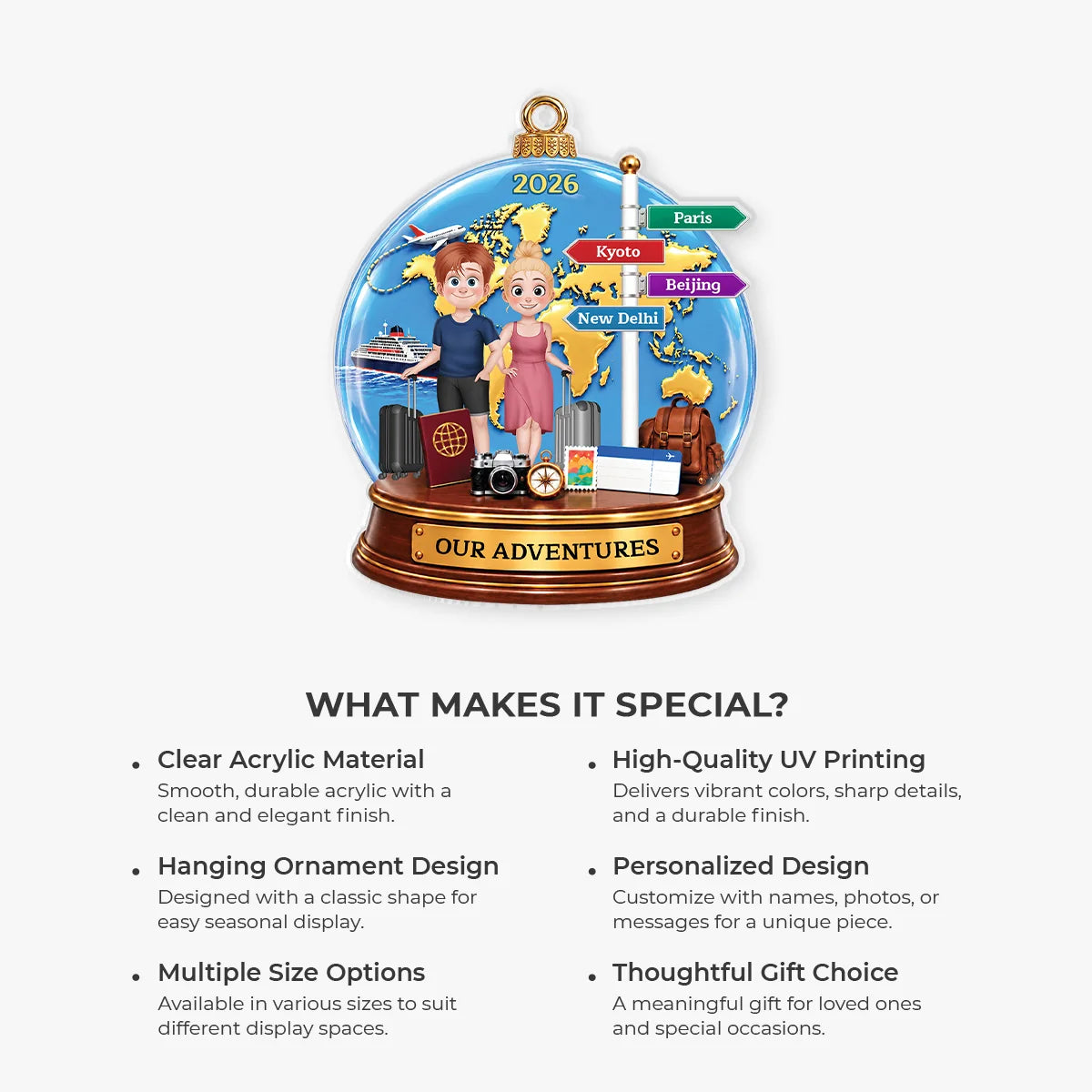 Our Adventures Personalized Acrylic Ornament - Couples Travel Vacation Keepsake