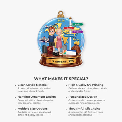 Our Adventures Personalized Acrylic Ornament - Couples Travel Vacation Keepsake